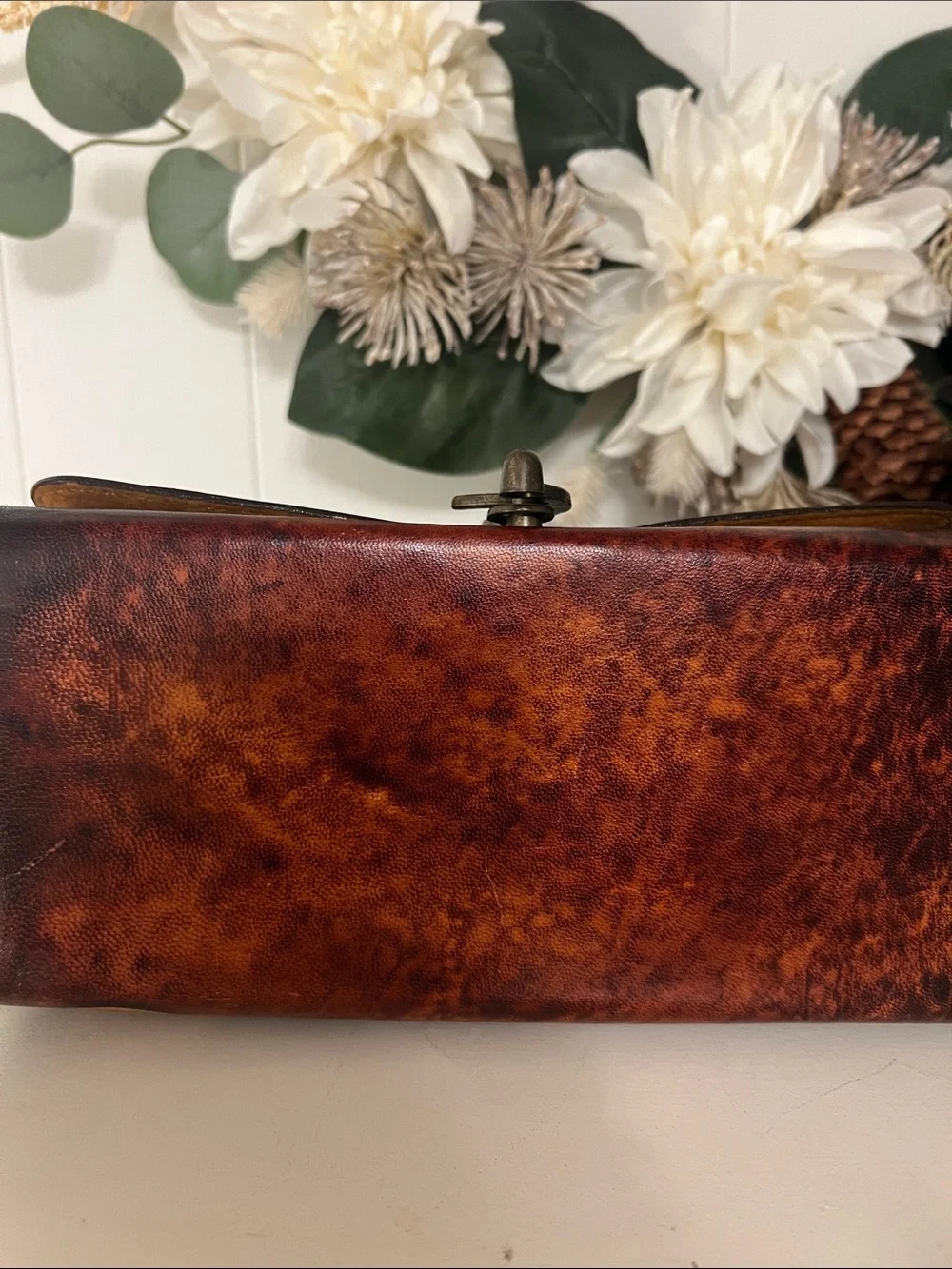 Gold Rock Brown Leather small Messenger Bag with Carved Wildlife Scene